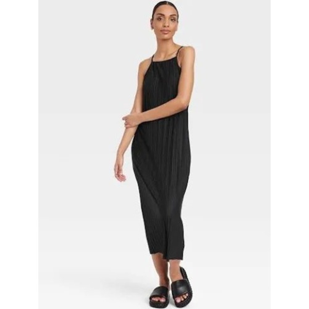 A New Day Womens Black Plisse Midi Dress Halter Tie Back Pleated Size L NEW